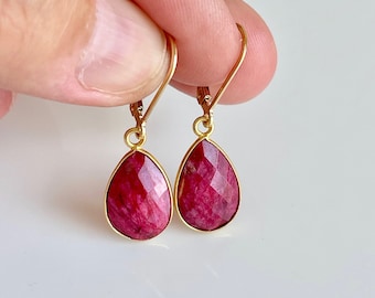 Ruby Earrings, July Birthstone, Dark Red Teardrop Earrings in Gold, Hot Pink Ruby Jewelry, Red Jewelry Holiday Drops, July Gift for women