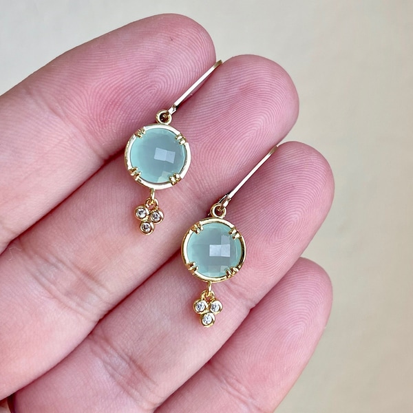 Chalcedony Earrings, Aqua Blue Chalcedony Round Earrings in Gold or Silver, Tiny Turquoise Color Jewelry, Small Summer Earrings for women