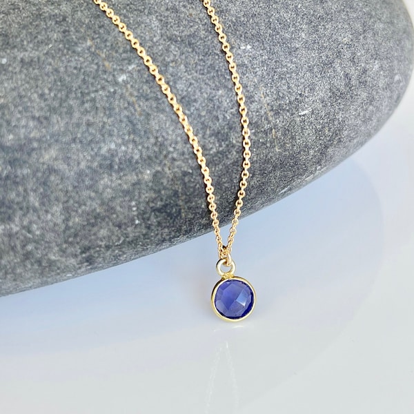 Tanzanite Necklace, Tiny Round Periwinkle Tanzanite Pendant, Tiny Drop Necklace in Gold, Purple Layering Jewelry, Boho Delicate Gift for her