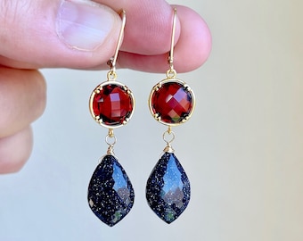 Garnet and Blue Sunstone Earrings, Red and Blue Statement Earrings Gold or Silver, Sparkly Dangle Drops, January Birthstone Gift for her