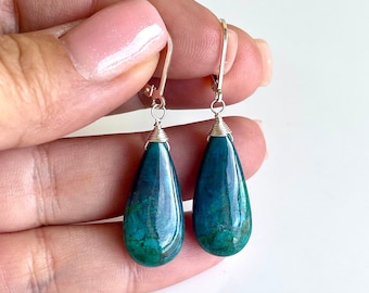 Chrysocolla Earrings,  Blue and Green Pattern Elongated Teardrop Statement Earrings in Sterling Silver, One of a Kind Gift for Mother's Day