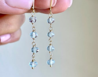 Aquamarine Earrings, March Birthstone, Light Blue Earrings in Gold or Silver, Wire Wrapped Oval Dangle Boho Earrings, Boy Mom Gift for her