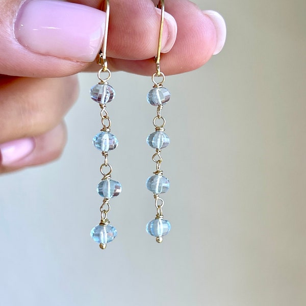 Aquamarine Earrings, March Birthstone, Light Blue Earrings in Gold or Silver, Wire Wrapped Oval Dangle Boho Earrings, Boy Mom Gift for her