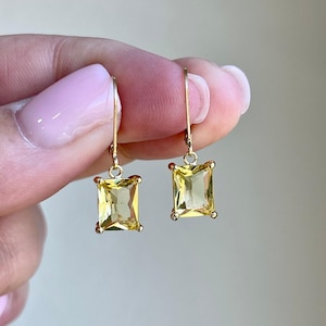 Citrine Earrings, Yellow Citrine Emerald Cut Dangle Drops in Gold or Silver, November Birthstone, Summer Yellow Jewelry, Gift for women