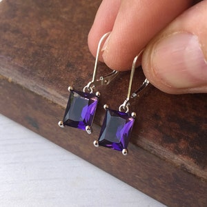 Amethyst Earrings, February Birthstone, Dark Purple Amethyst Emerald Cut Earrings in Gold or Silver, Rectangle prong Drops, Gift under 50 image 9