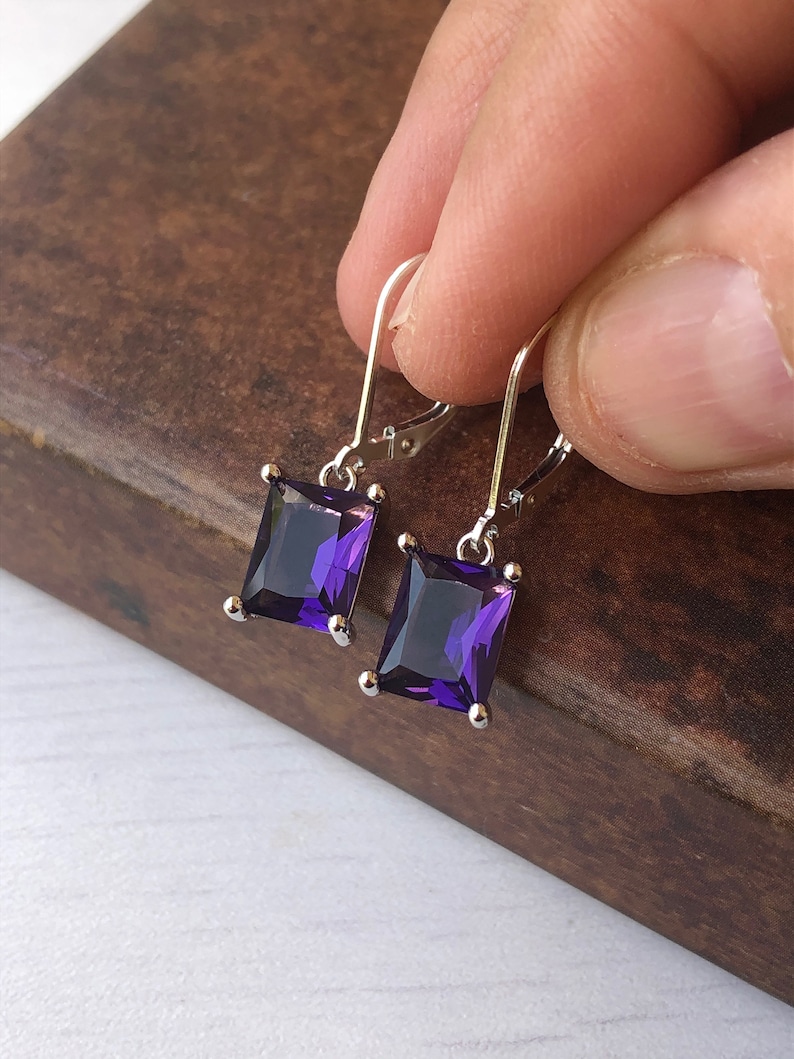 Amethyst Earrings, February Birthstone, Dark Purple Amethyst Emerald Cut Earrings in Gold or Silver, Rectangle prong Drops, Gift under 50 image 9