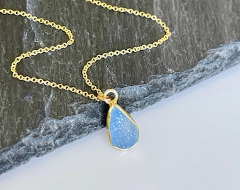 Blue Druzy Necklace, Blue Crystal Pendant, Blue Teardrop Necklace, Minimalist Crystal Necklace, Gold Layering Jewelry, Boho Gift for her