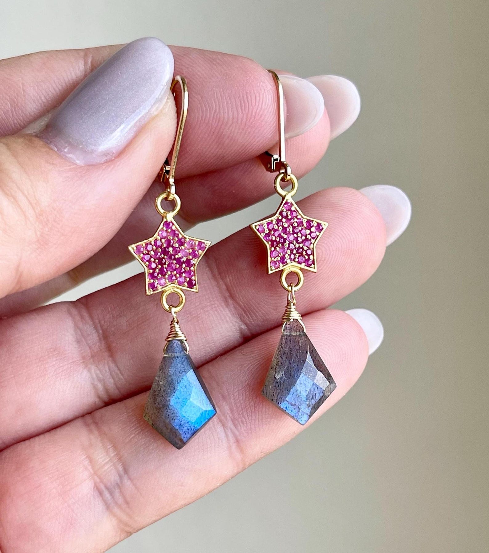 Pink Sapphire and Labradorite Earrings, Pink Star and Blue Kite Shape Statement Earrings in Gold, September Birthstone, Classic Mom Gift