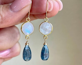 Rainbow Moonstone and Teal Kyanite Statement Earrings, White and Teal Elongated Earrings in Gold or Silver, Round Boho Jewelry Gift for her