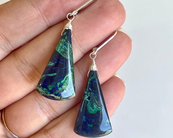 Azurite Malachite Earrings, Blue and Green Pattern Triangle Earrings in Sterling Silver, Elongated Azurite Smooth Drops, Elegant Mom Gift