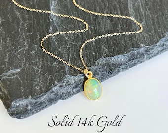 Opal Necklace, October Birthstone, Tiny Ethiopian Opal Oval Pendant in Solid 14k Gold, Real Gold Minimalist Necklace, October Birthday Gift