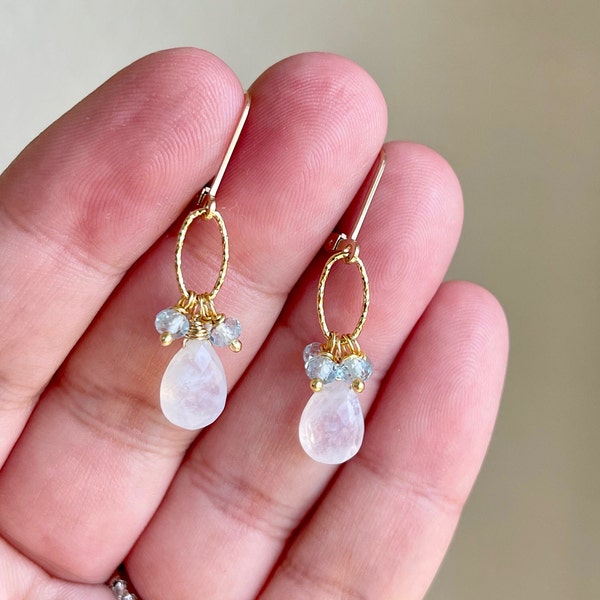 Rainbow Moonstone and Aquamarine Earrings, White and Blue Minimalist Earrings Gold or Silver, June Birthstone, Beaded Jewelry Gift for women