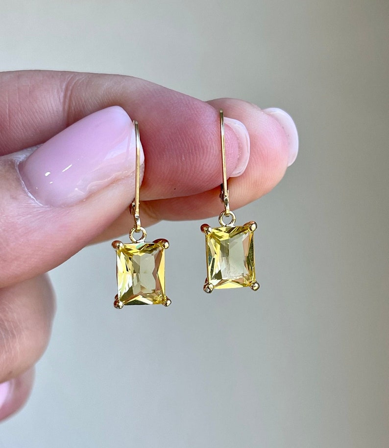 Citrine Earrings, Yellow Citrine Emerald Cut Dangle Drops in Gold or Silver, November Birthstone, Summer Yellow Jewelry, Gift for women image 1