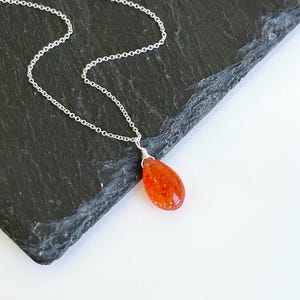 Sunstone Necklace, Smooth Orange Sunstone Teardrop Pendant, Sparkly Drop Birthstone, Layering Minimal Necklace, Minimalist Jewelry gift