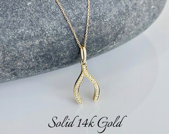 Wish Bone Necklace, Small Genuine Diamond Pave Wishbone Pendant in Solid 14k Yellow Gold, Minimalist Diamond Jewelry, Good Luck Charm Gift