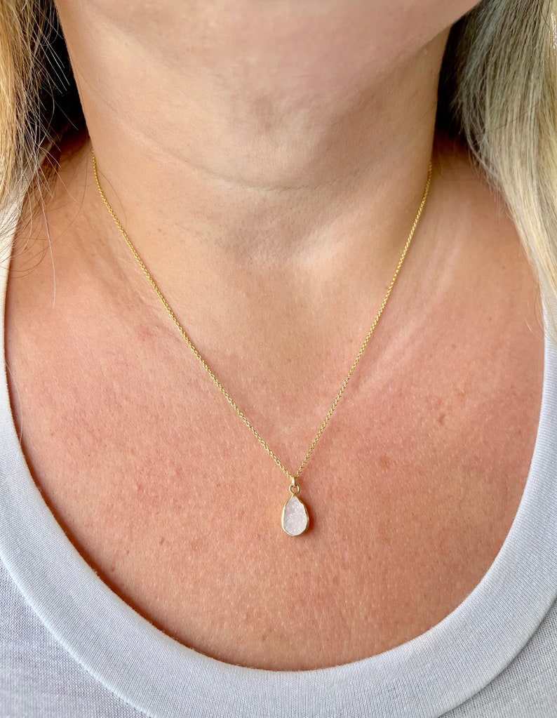 White Druzy Necklace, Geode Crystal Pendant, White Teardrop Necklace, Minimalist Necklace in Gold, Layering Jewelry, Boho Gift for her image 6