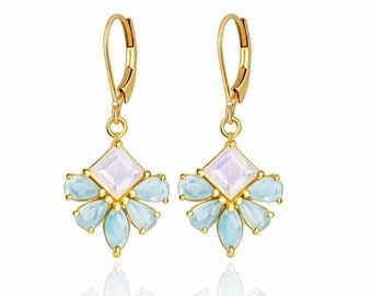 Aquamarine and Moonstone Earrings, March Birthstone, Teal Flower Earrings in Gold Filled, Floral Rainbow Moonstone Jewelry, Gift for her
