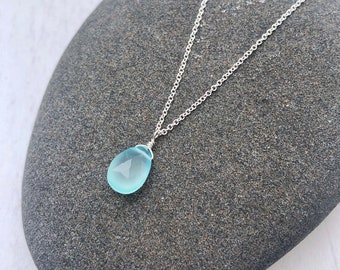 Aqua Chalcedony Necklace, Blue Teardrop Pendant, Layering Summer Necklace, Minimalist Silver Jewelry, Seaglass Chalcedony Drop, Gift for her
