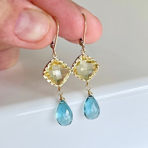 Citrine and Blue Topaz Statement Earrings, December Birthstone, Yellow and Blue Teardrop Earrings Gold, Elegant Holiday Jewelry Gift for her