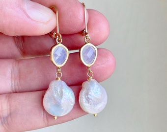 Opalite and Pearl Earrings, White Pearl Dangle Drop Earrings in Gold or Silver, October Birthstone, Delicate Neutral Drops, Mom Elegant Gift