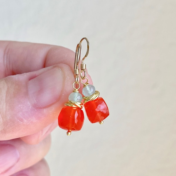 Carnelian and Aqua Chalcedony Earrings, Orange and Aqua Earrings in Gold or Silver, Minimalist Summer Jewelry, Coral and Aqua Gift for women