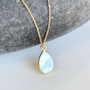 Mother or Pearl Necklace, June Birthstone, Minimal Pearl Teardrop Pendant, Pearl Minimalist Jewelry, Gold Layering Boho Necklace Mom Gift
