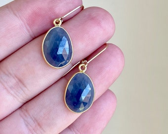 Sapphire Earrings, September Birthstone, Dark Navy Blue Sapphire Oval Statement Earrings in Gold Filled, Sapphire Jewelry Gift, Gift for her