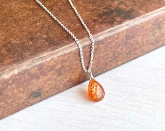 Sunstone Necklace, Smooth Orange Sunstone Teardrop Pendant, Sparkly Drop Birthstone, Layering Minimal Necklace, Minimalist Jewelry gift