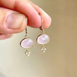 Rose Quartz Earrings, Oval Blush Pink Earrings, Light Pink Dainty Tiny Dangle Drops Gold or Silver, Unconditional Love, Valentine&#39;s Day Gift