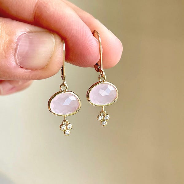 Rose Quartz Earrings, Oval Blush Pink Earrings, Light Pink Dainty Tiny Dangle Drops Gold or Silver, Unconditional Love, Valentine's Day Gift