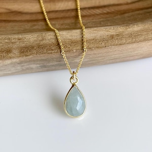 Aquamarine Necklace, March Birthstone, Blue Aquamarine Teardrop Pendant Gold or Silver, Minimalist Layering Jewelry, Summer Necklace Gift