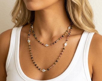Watermelon Tourmaline and Rainbow Moonstone Long Beaded Necklace, October Birthstone, Multicolor Gold Layering Wire Wrapped Chain, Mom Gift