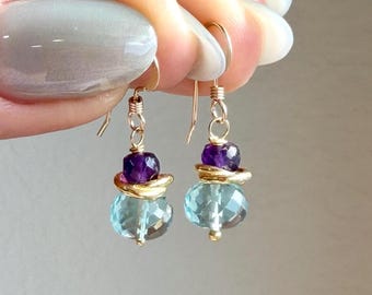Green Topaz and Amethyst Earrings, Tiny Teal and Purple Earrings, Minimalist Gold or Silver Dangle Drops, Small Delicate, Gift for women
