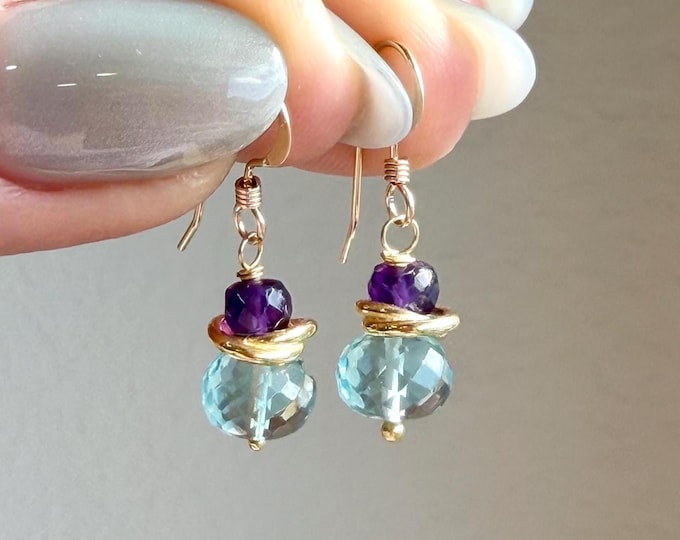 Green Topaz and Amethyst Earrings, Tiny Teal and Purple Earrings, Minimalist Gold or Silver Dangle Drops, Small Delicate, Gift for women