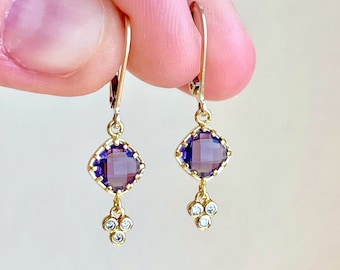 Amethyst Earrings, February Birthstone, Tiny Purple Diamond Shape Earrings, Lavender Dangle Drops Gold or Silver, Minimalist Gift for her