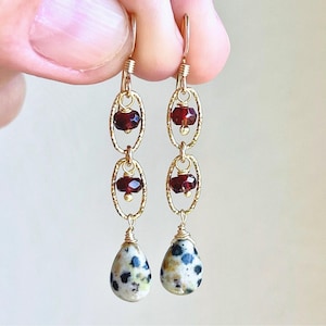 Dalmatian Jasper and Garnet Drop Earrings, Black White and Red Beaded Earrings in Gold or Silver, Dainty Minimalist Jewelry Holiday Gift