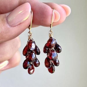 Garnet Earrings, Red Garnet Cluster Earrings in Gold or Silver, Teardrop Statement Drop Earrings, January Birthstone Jewelry Gift for women