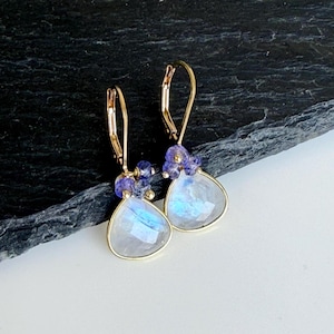 Moonstone and Tanzanite Earrings, White and Periwinkle Minimalist Teardrop Earrings in Gold or Silver, June Birthstone, Summer Jewelry Gift