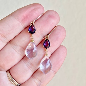 Amethyst Statement Earrings, Dark and Light Purple Dangle Earrings in Gold, February Birthstone, Lavender Elegant Drop Earrings Gift for her image 2