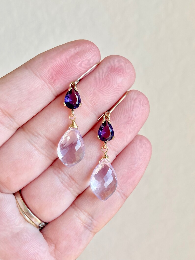 Amethyst Statement Earrings, Dark and Light Purple Dangle Earrings in Gold, February Birthstone, Lavender Elegant Drop Earrings Gift for her image 2