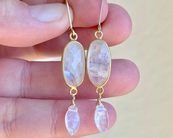 Rainbow Moonstone Earrings, June Birthstone, White Oval Two Stone Statement Earrings in Gold, Rainbow Moonstone Bezeled Jewelry Gift for her