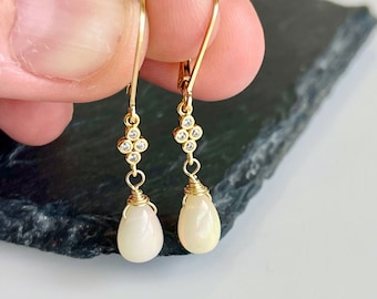 Opal Earrings, October Birthstone, Ethiopian Opal Teardrop Tiny Dangle Drops Gold or Silver, Minimalist Opal Jewelry Dainty Gift for women