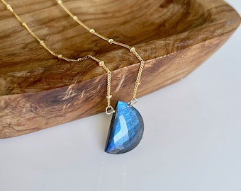 Blue Labradorite Necklace, Half Moon Labradorite Pendant in Gold or Silver, Satellite Chain Layering Minimalist Moon Necklace, Gift for her