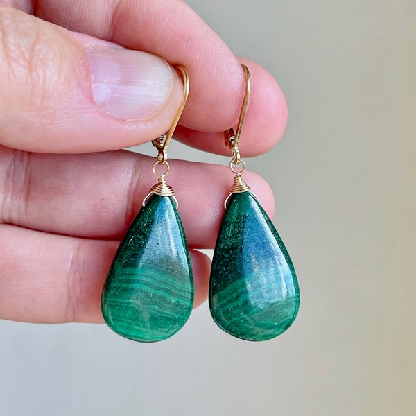 Malachite Earrings, Hunter Green Smooth Teardrop Statement Earrings in Gold Filled, Natural Malachite Dark Green Jewelry, Gift for women