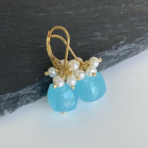 Aquamarine and Pearl Earrings, March Birthstone, Small Blue Cubes and White Pearl Earrings, Minimalist Gemstone Jewelry, Tiny Gift for her
