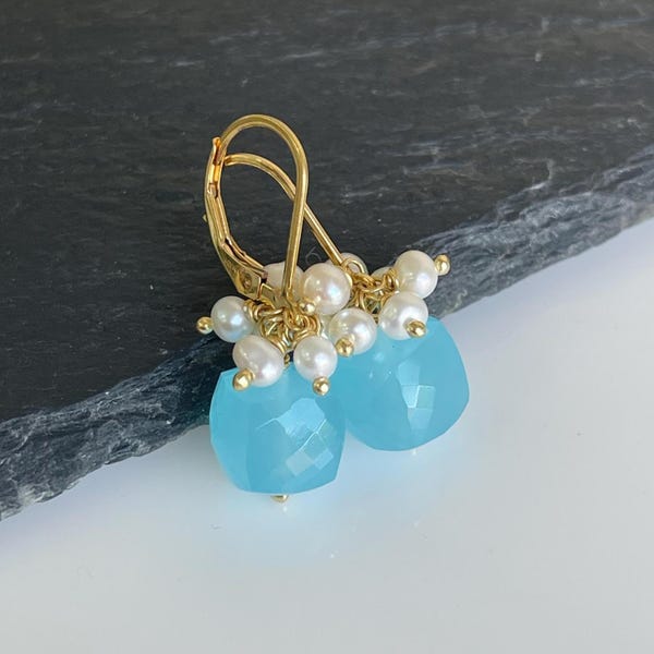 Aquamarine and Pearl Earrings, March Birthstone, Small Blue Cubes and White Pearl Earrings, Minimalist Gemstone Jewelry, Tiny Gift for her