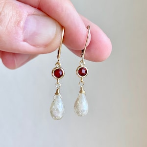 Garnet and White Silverite Earrings, Red and White Tiny Drop Earrings Gold or Silver, January Birthstone, Tiny Dangle Jewelry, Gift for her