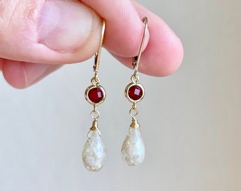 Garnet and White Silverite Earrings, Red and White Tiny Drop Earrings Gold or Silver, January Birthstone, Tiny Dangle Jewelry, Gift for her