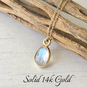 Rainbow Moonstone Necklace, Solid Gold Necklace, 14K Gold, June Birthstone, Small Moonstone Pendant, Anniversary Gift, Birthday gift for her