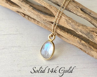 Rainbow Moonstone Necklace, Solid Gold Necklace, 14K Gold, June Birthstone, Small Moonstone Pendant, Anniversary Gift, Birthday gift for her